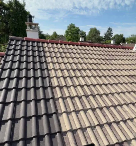 Toiture en tuiles béton à Guermantes : à gauche le versant repeint, à droite les tuiles délavées avant traitement